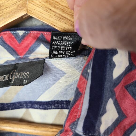 Lemon Grass Boho Button Front Blouse Shirt M Vintage Rayon Bold Abstract Print - Picture 6 of 11